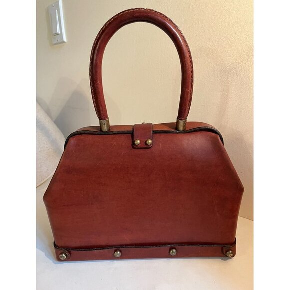 VIntage Etienne Aigner Leather Frame Bag Studded Red Cognac 1960s - Picture 4 of 12